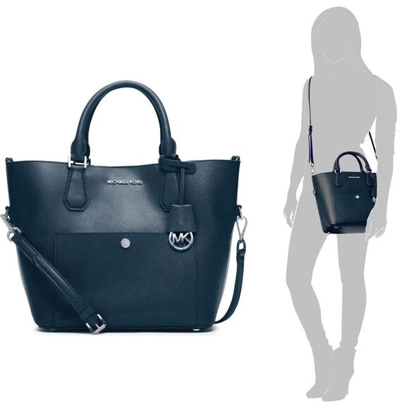 New! MICHAEL KORS Leather Greenwich Large Grab Bag Handbag Crossbody Navy Blue - Picture 1 of 16